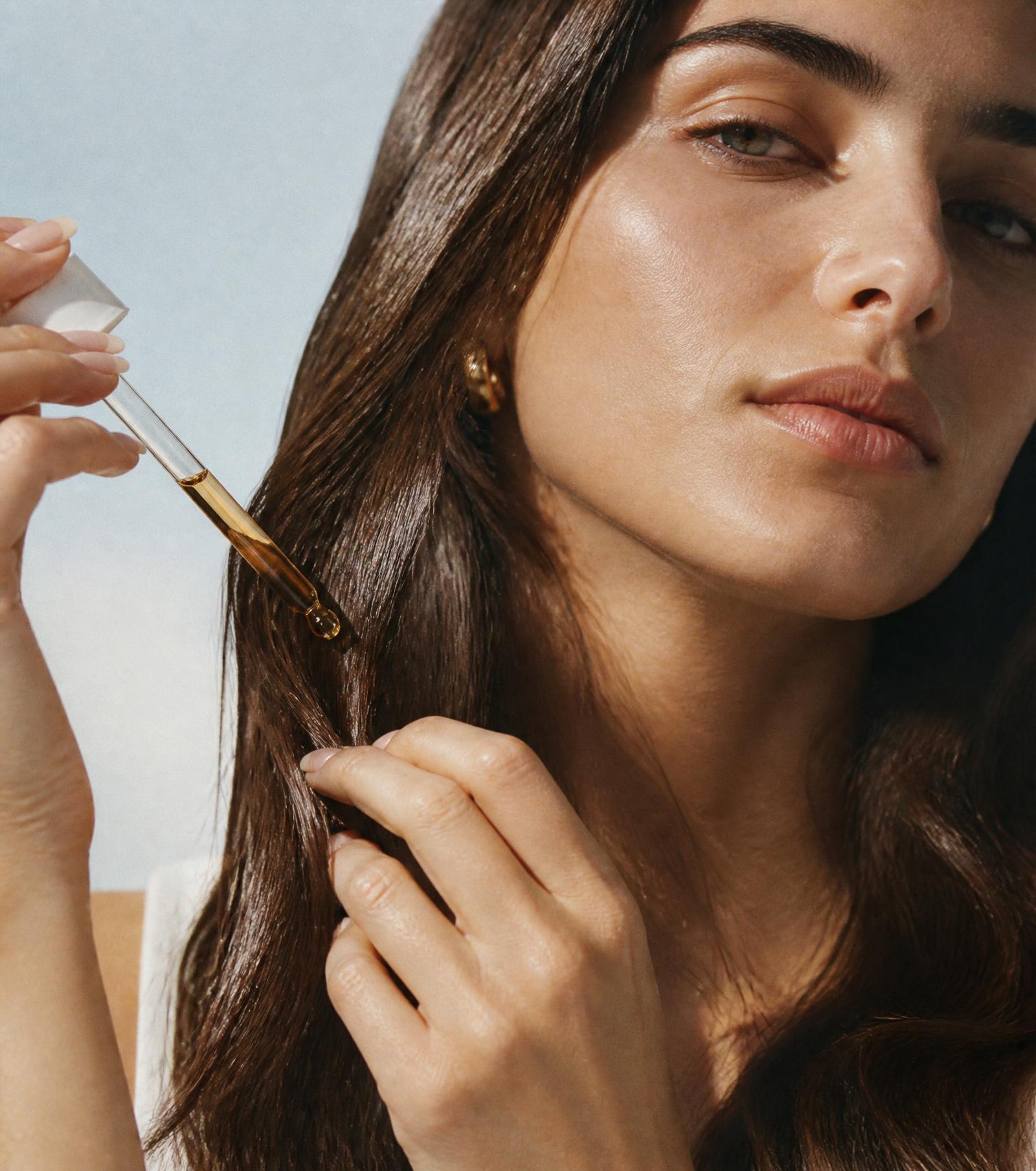 Applying The Beauty Fuel hair oil with a glass dropper to glossy hair