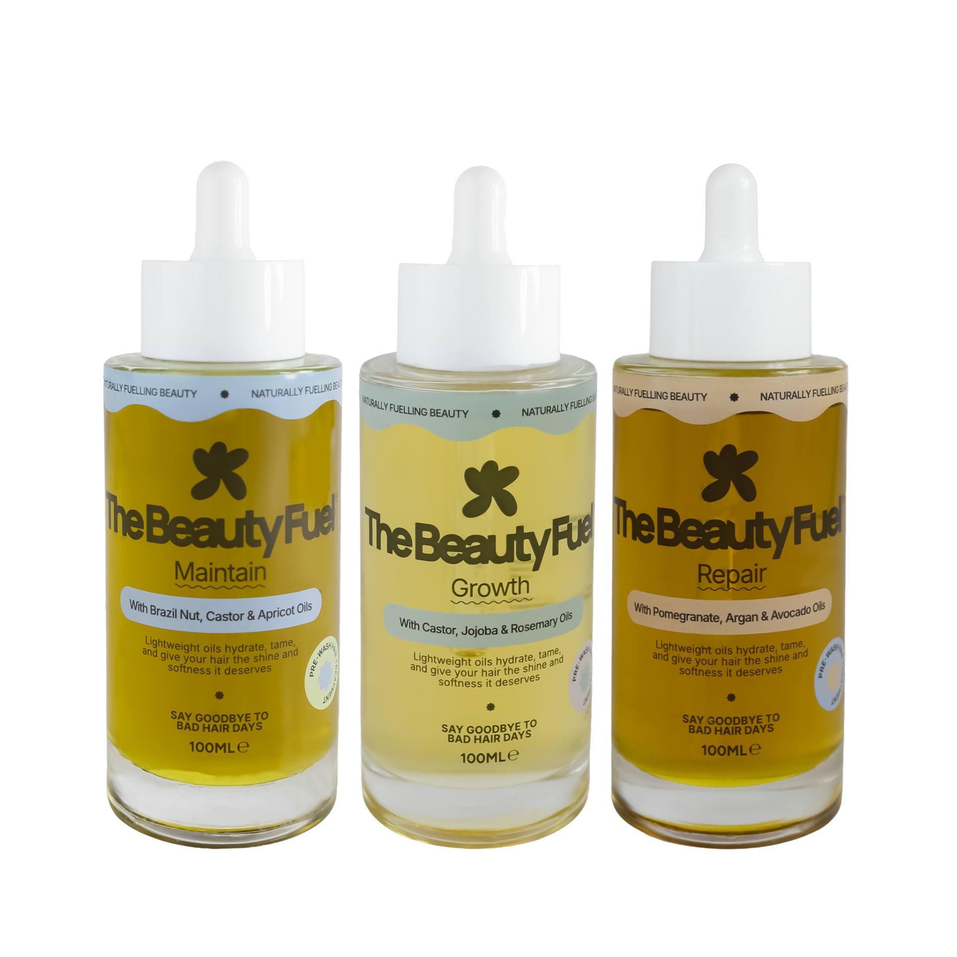 The three Beauty Fuel oils — Maintain, Growth and Repair — lined up